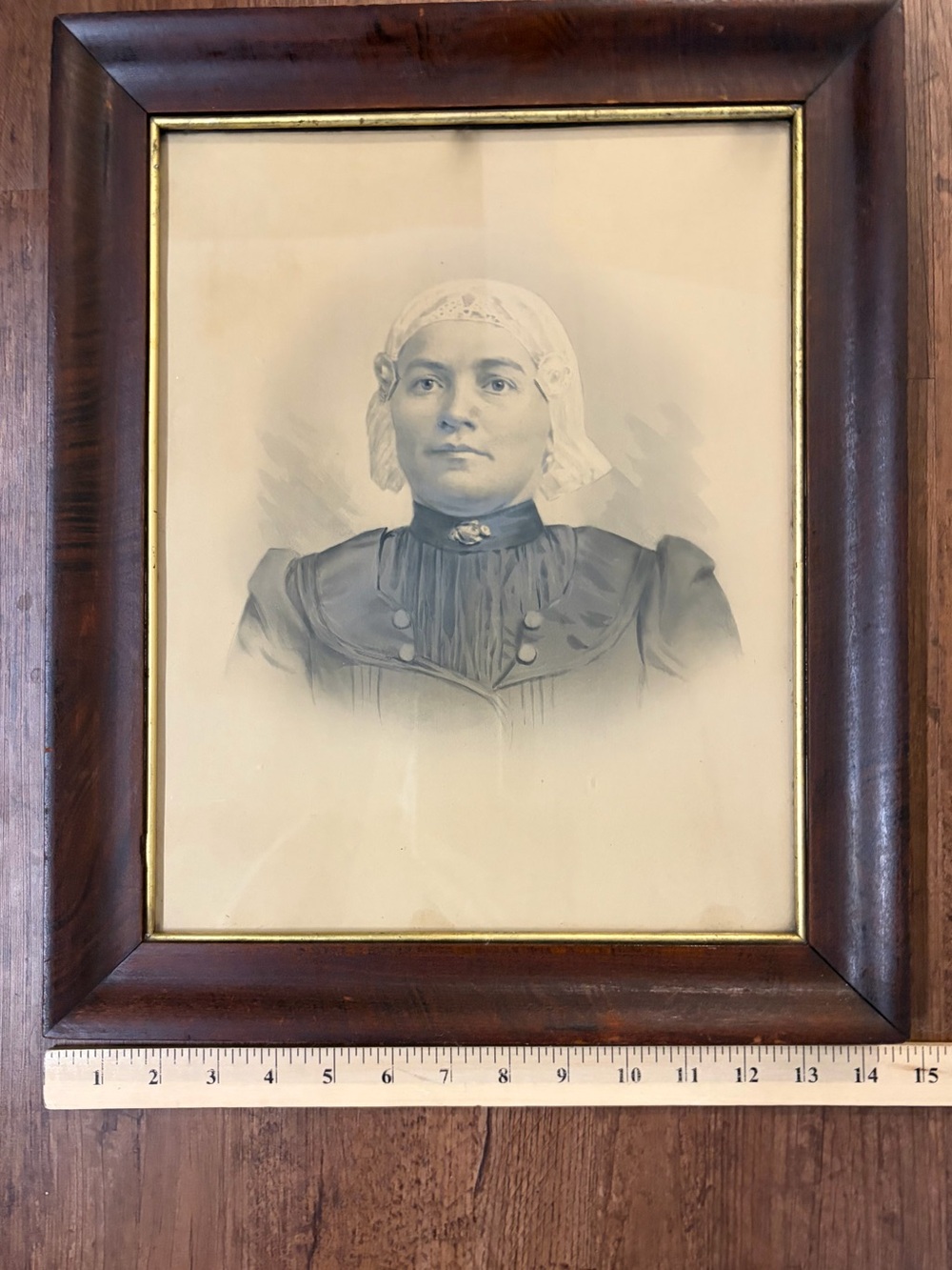 Antique Portrait Woman in Dark Turn of the Century Frame - Sepia charcoal crayon